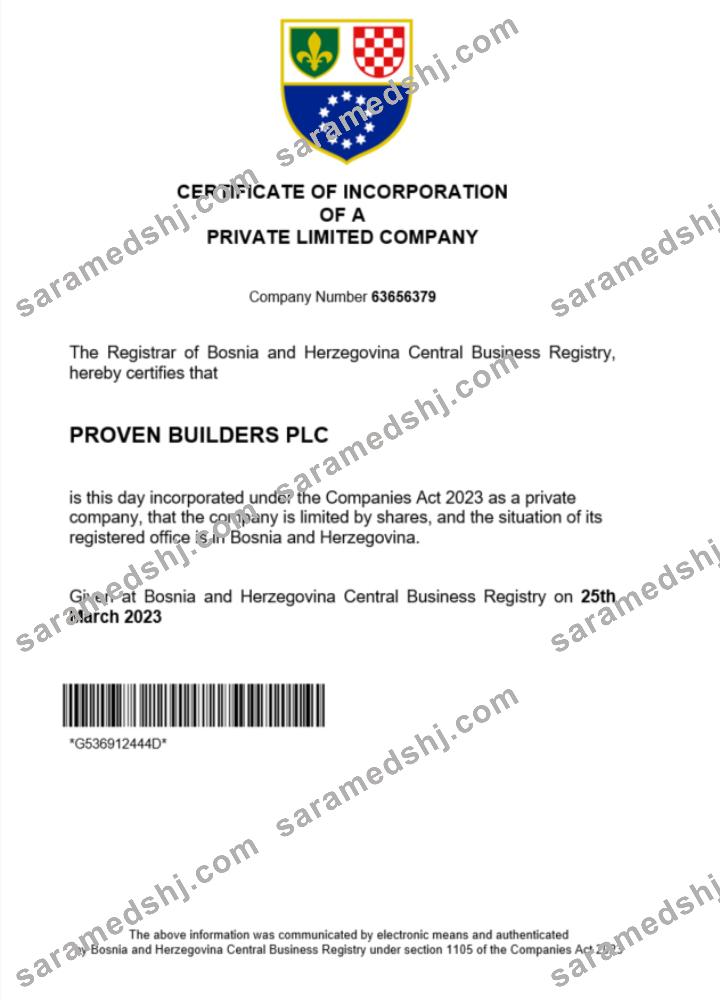 Bosnia and Herzegovina certificate of registration Word and PDF template